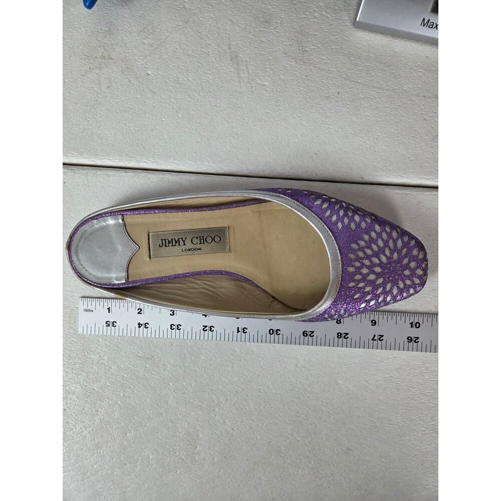 Jimmy Choo Slip On Backless Flats Silver Sparkle Designer 37 1/2 Floral Metalic - Picture 9 of 13